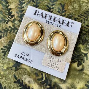 Vintage Raphael Gold Tone and Faux Pearl Oval Clip On Earrings